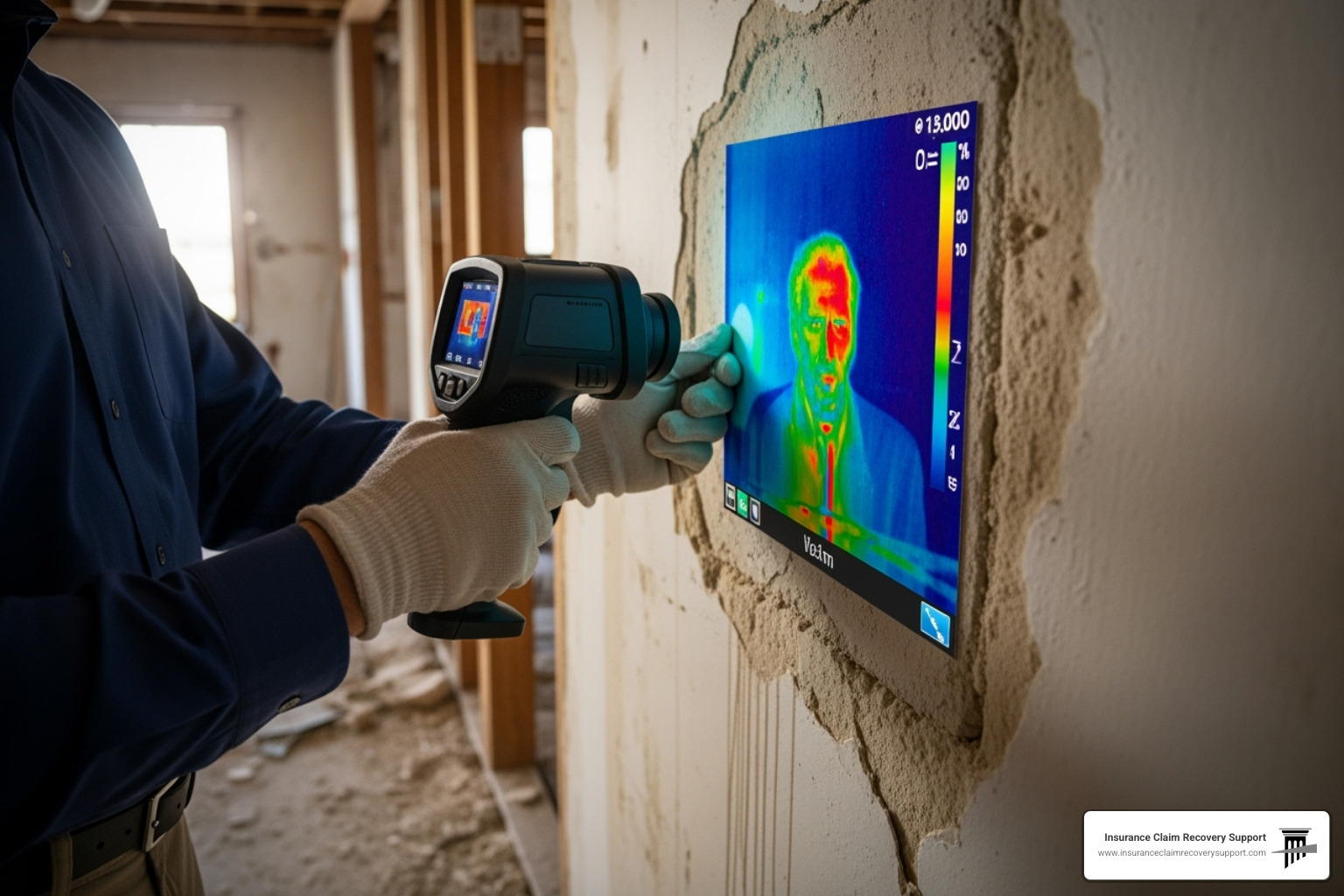public adjuster inspecting hidden water damage with a thermal camera - expert insurance adjuster for flood recovery