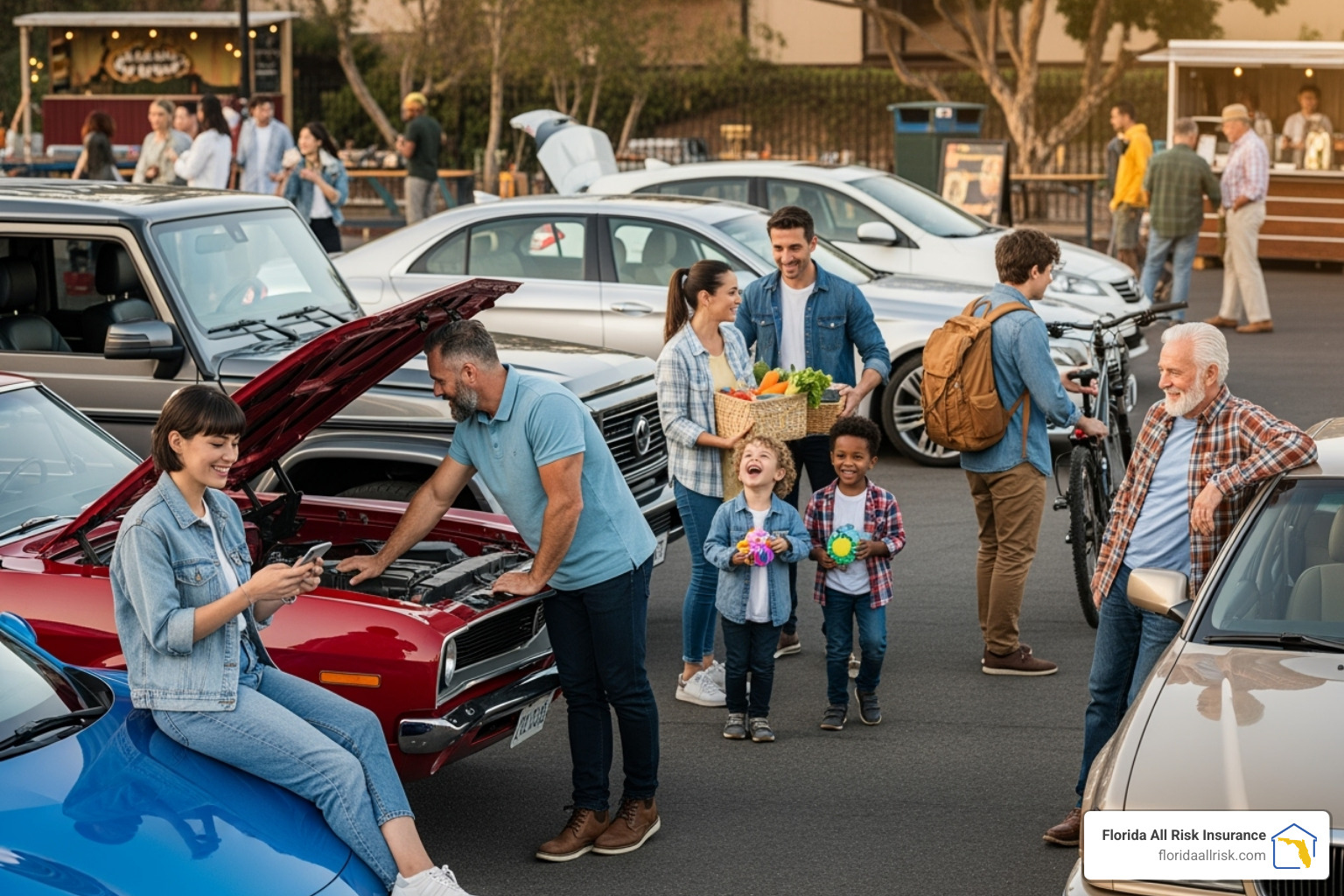 A diverse group of drivers standing with their different types of cars, representing various risk profiles. A diverse group of drivers standing with their different types of cars, representing various risk profiles.