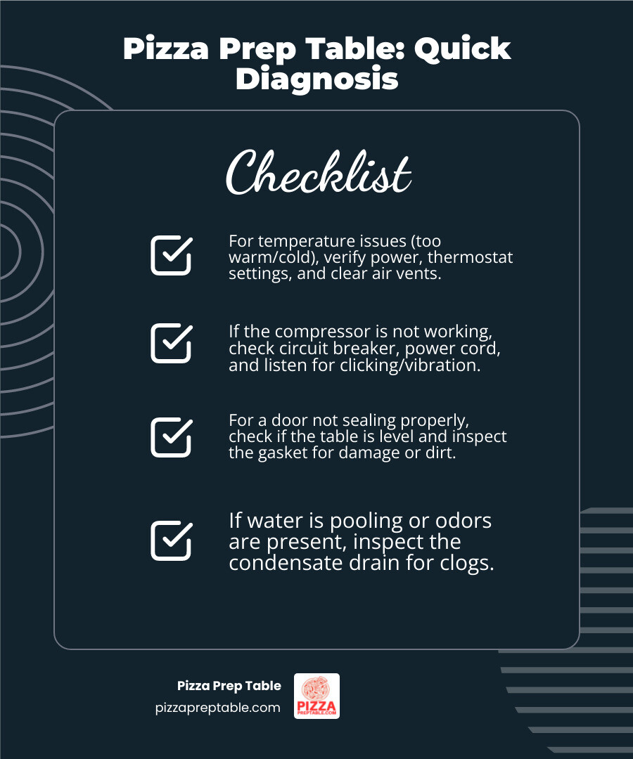 Infographic detailing common pizza prep table problems (temperature issues, compressor not working, door seal problems) and their immediate diagnostic steps, such as checking power, thermostat settings, airflow, and door gaskets. - pizza prep table repair infographic checklist-dark-blue
