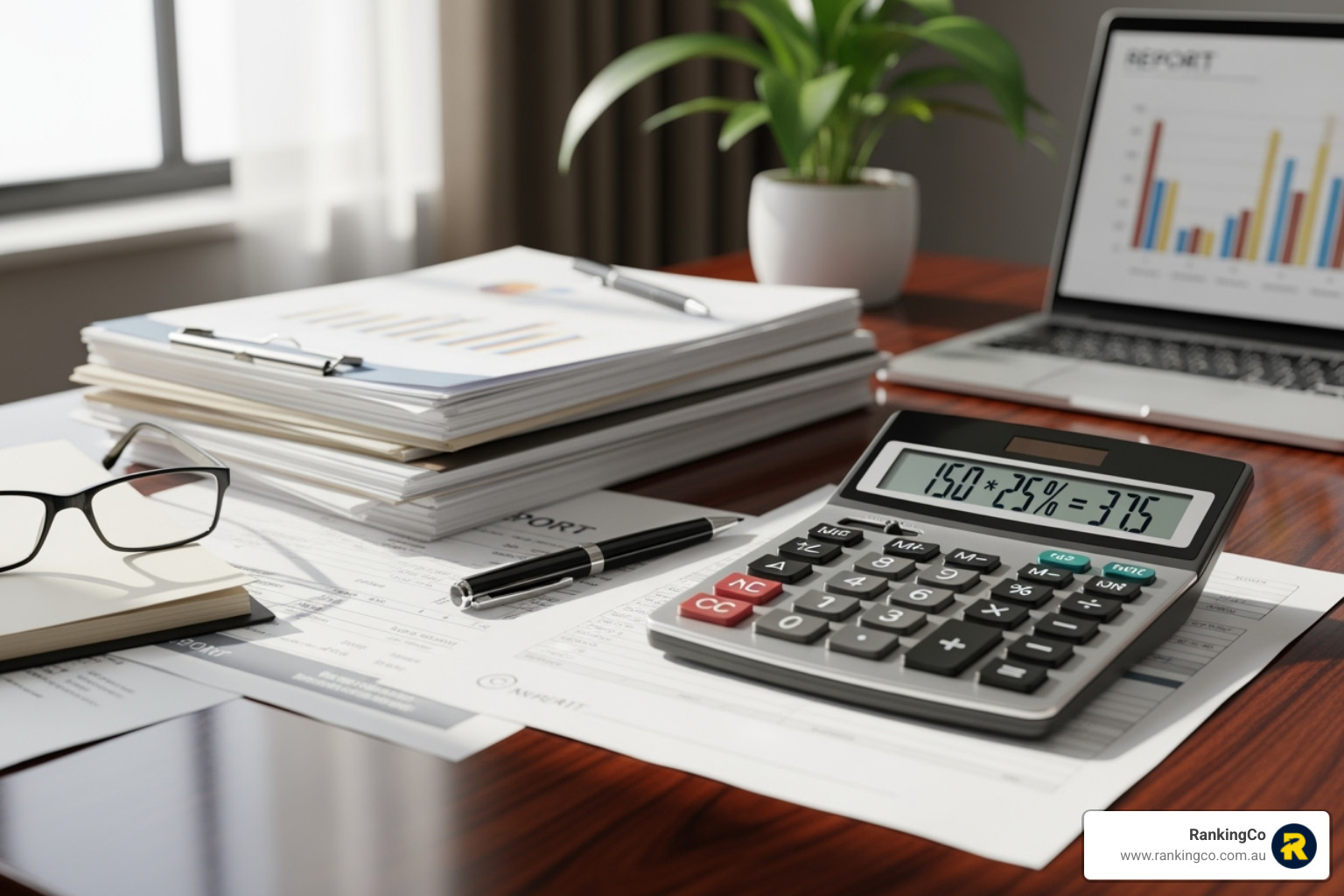 calculator displaying a percentage calculation on a desk with business documents - how much money should a small business spend on advertising