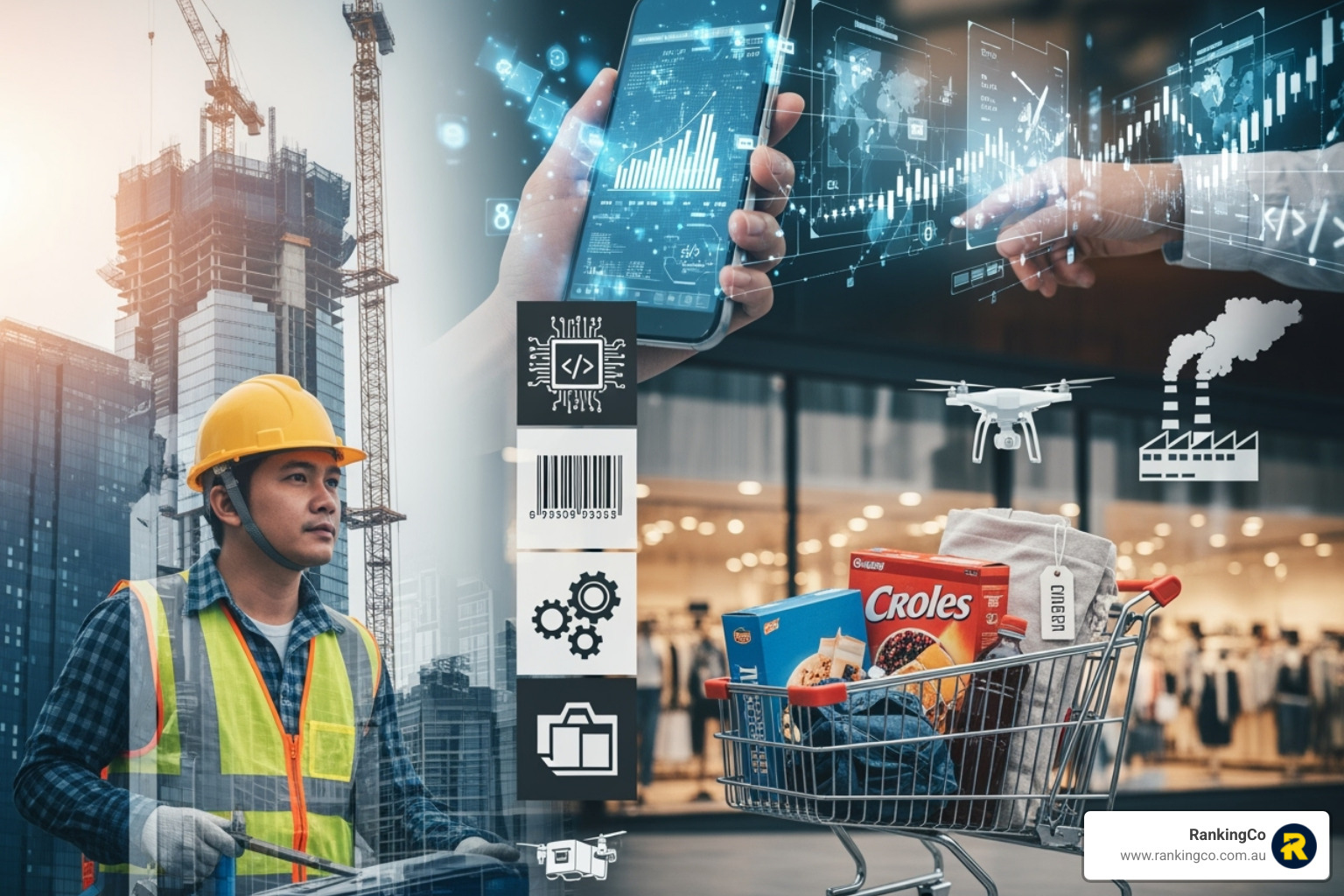 collage representing diverse industries such as construction, technology, and retail - how much money should a small business spend on advertising