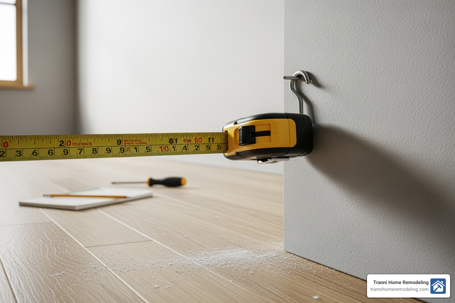 A tape measure in a room to illustrate sizing for mini split AC installation - mini split ac installation