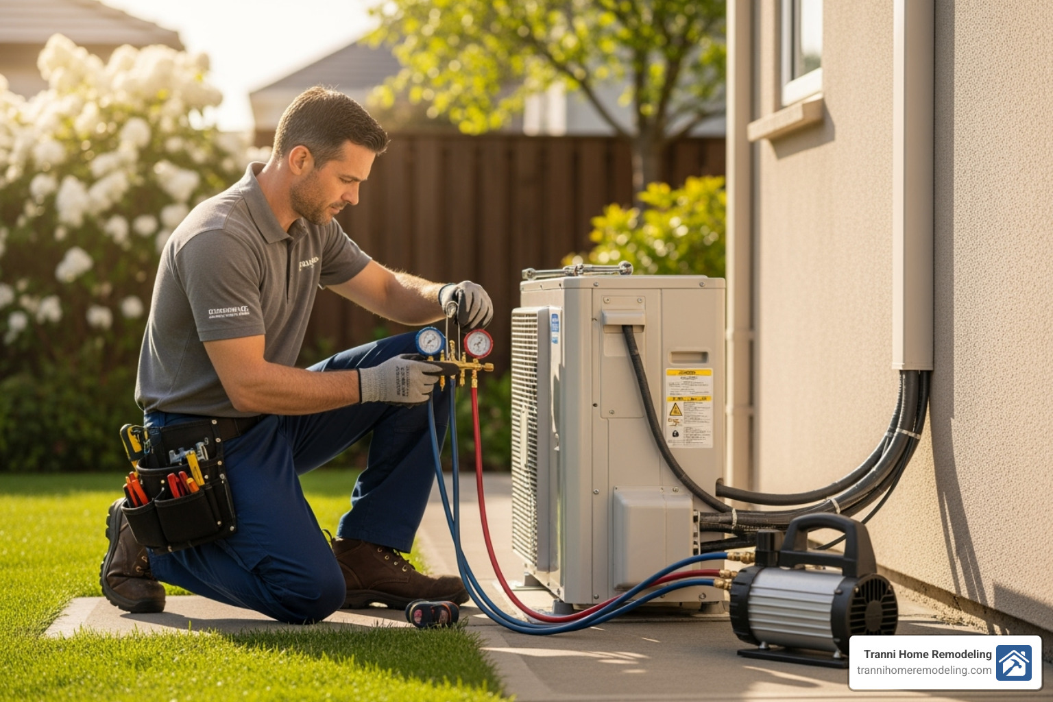 A professional technician installing an outdoor condenser unit for a mini split AC system - mini split ac installation