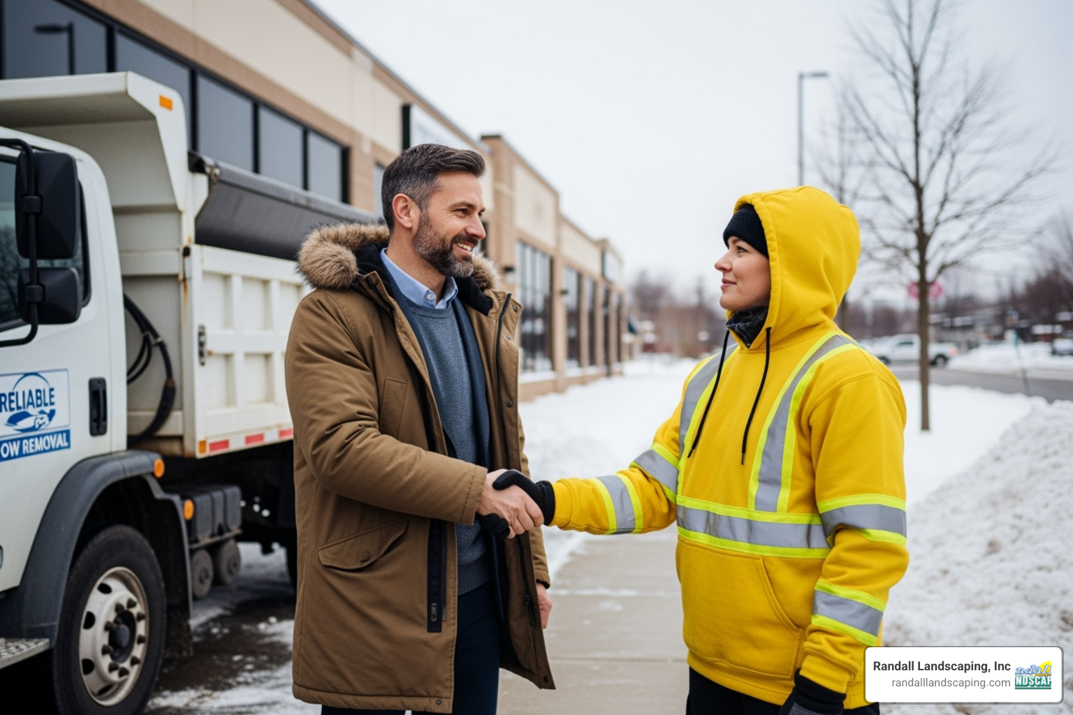 A business owner shaking hands with a uniformed snow removal professional, indicating a partnership - commercial snow plowing companies