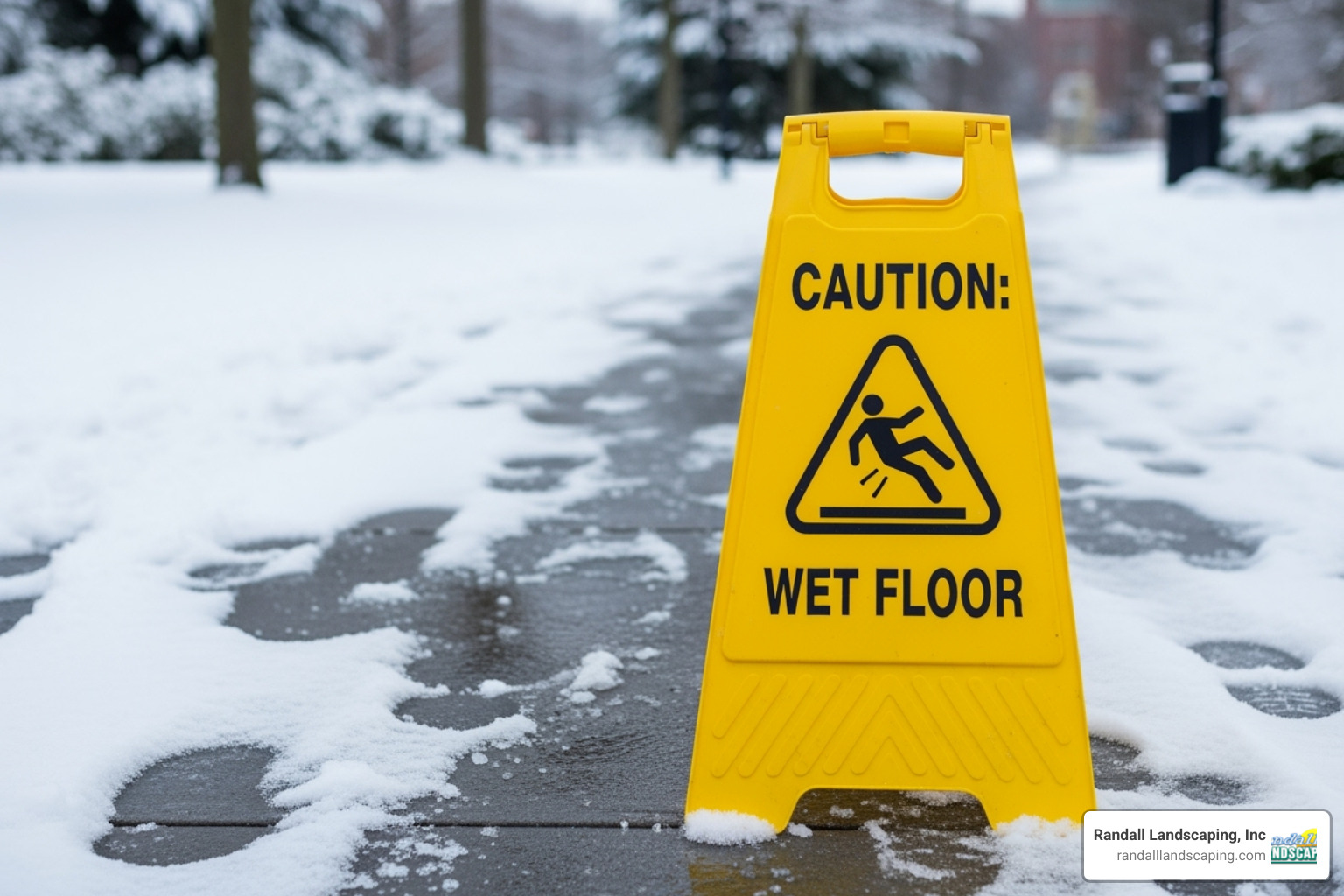 A "Caution: Wet Floor" sign placed on a snow-covered walkway with ice patches - commercial snow plowing companies