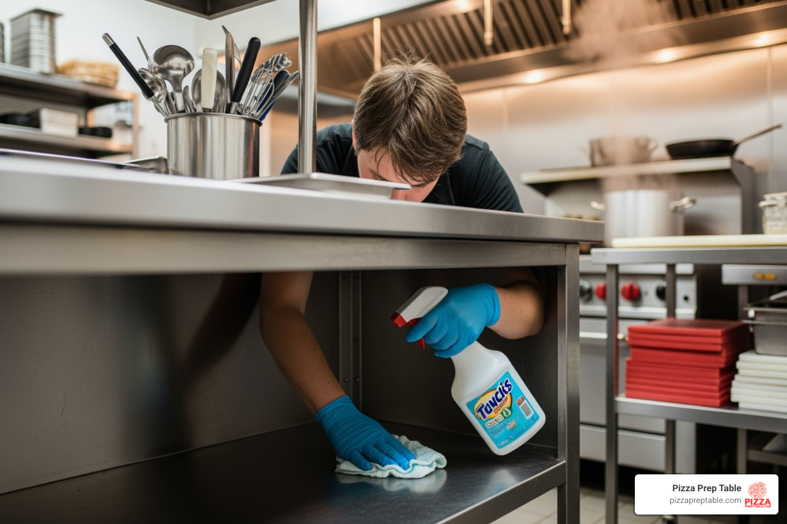 Person cleaning the interior of a prep table base - pizza prep table repair
