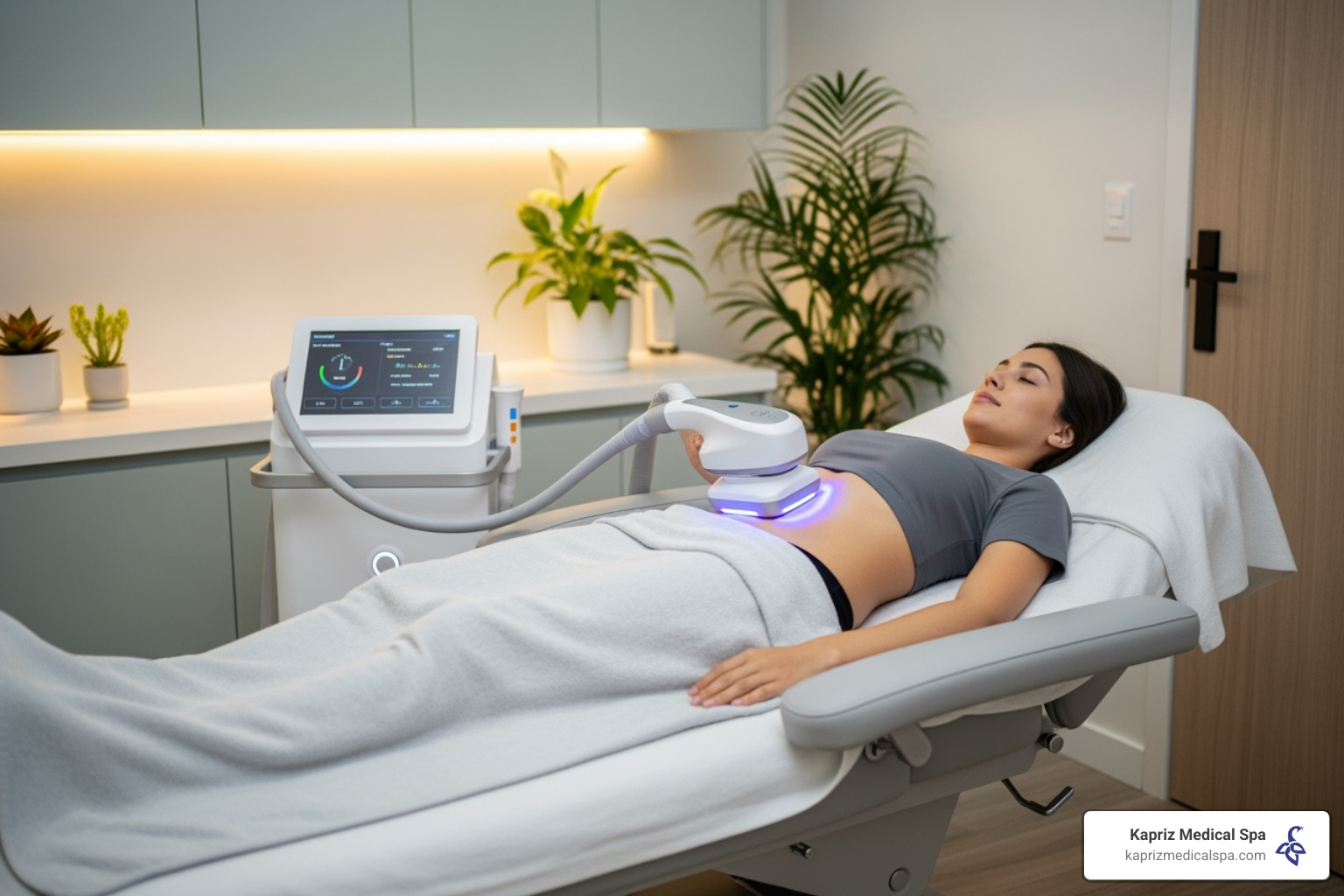 A patient comfortably receiving a non-invasive body contouring treatment - Body contouring skin tightening A patient comfortably receiving a non-invasive body contouring treatment - Body contouring skin tightening