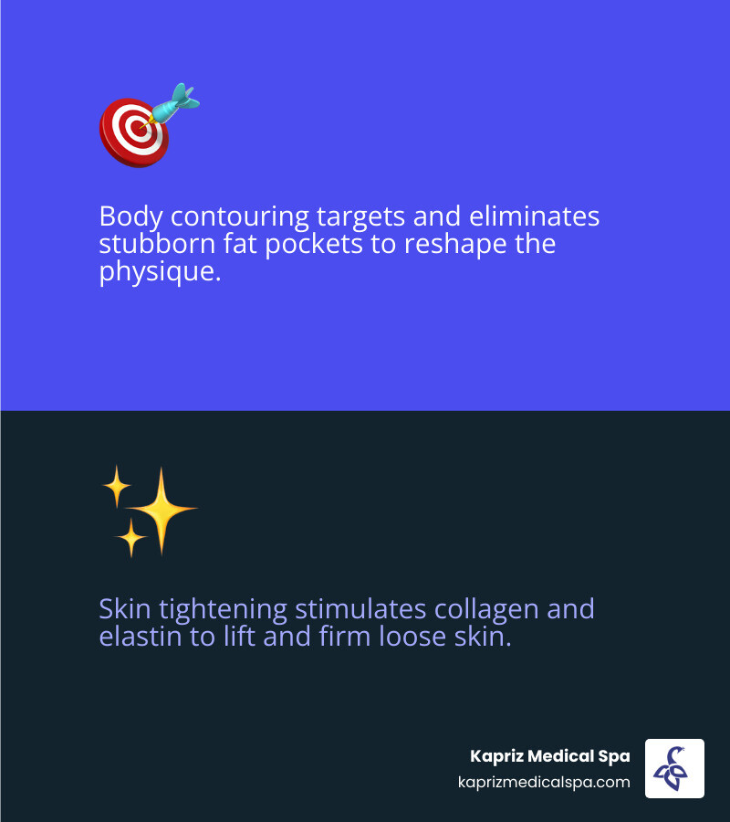 Infographic differentiating body contouring (fat reduction) from skin tightening (improving laxity and firmness by stimulating collagen and elastin) - Body contouring skin tightening infographic 2_facts_emoji_blue Infographic differentiating body contouring (fat reduction) from skin tightening (improving laxity and firmness by stimulating collagen and elastin) - Body contouring skin tightening infographic 2_facts_emoji_blue