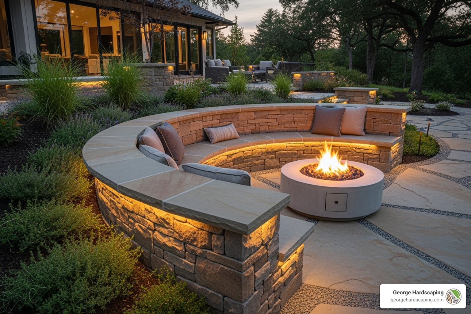 Curved stone retaining wall with comfortable seating around a fire pit, illustrating ideal dimensions and material use. - retaining wall with seating Curved stone retaining wall with comfortable seating around a fire pit, illustrating ideal dimensions and material use. - retaining wall with seating