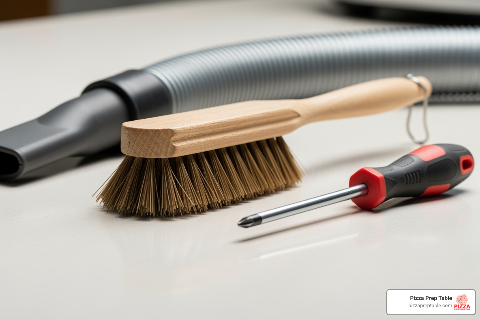 Basic repair tools like a stiff brush, vacuum, and screwdriver - pizza prep table repair