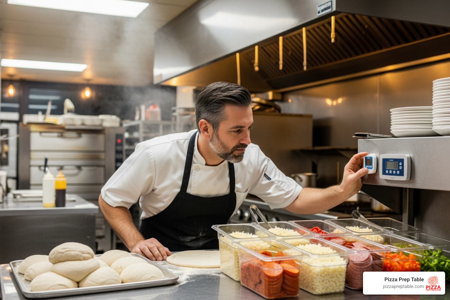 Restaurant owner looking at their prep table's thermometer - pizza prep table repair