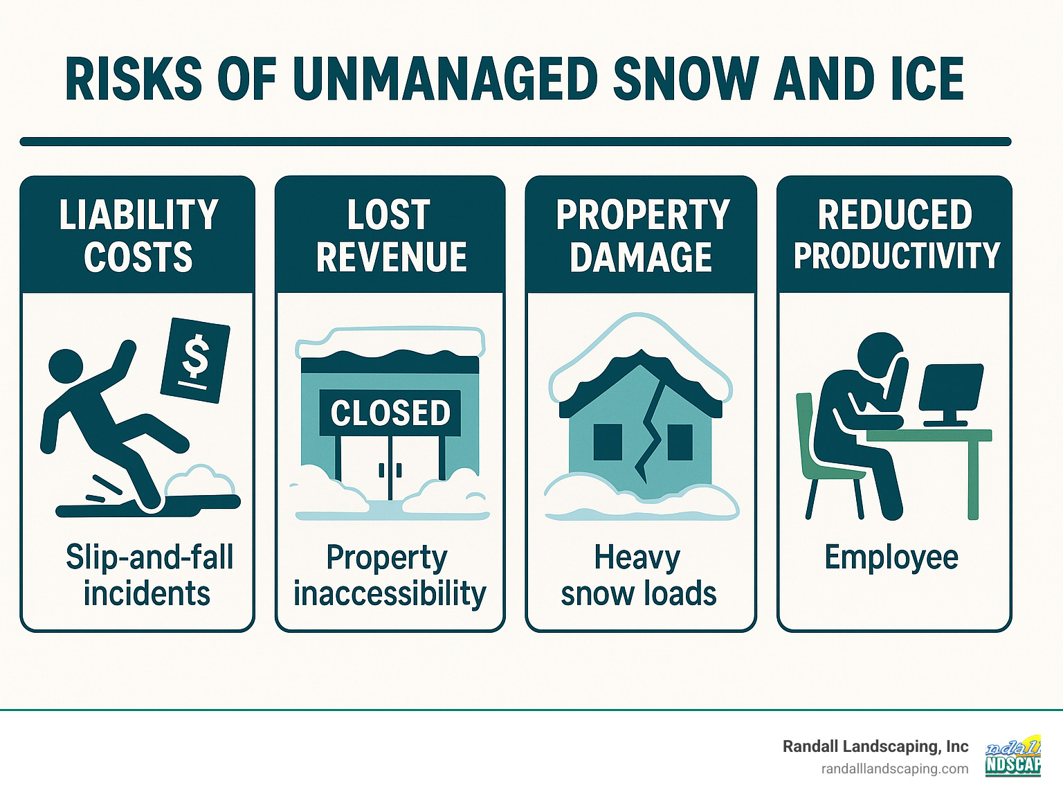 Infographic detailing the risks of unmanaged snow and ice for businesses, including liability costs from slip-and-fall incidents, lost revenue due to property inaccessibility, property damage from heavy snow loads, and reduced employee productivity. - commercial snow and ice removal infographic 
