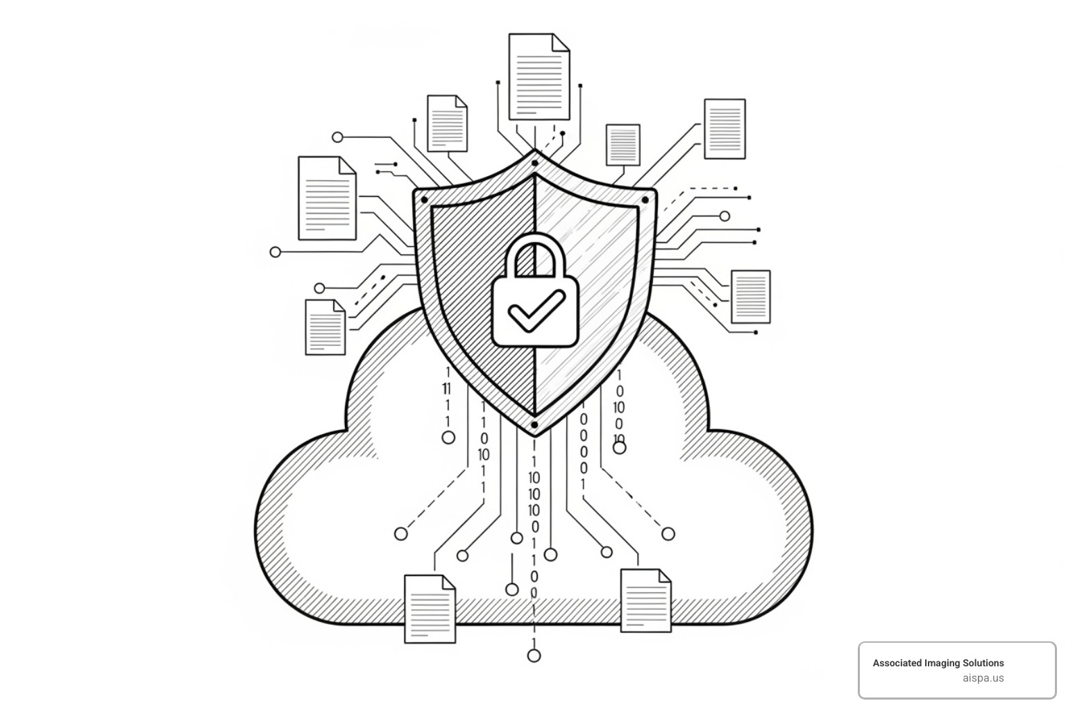 A security shield icon overlaying a cloud symbol, with documents flowing into it, representing secure cloud storage and data protection. - cloud based document management solutions
