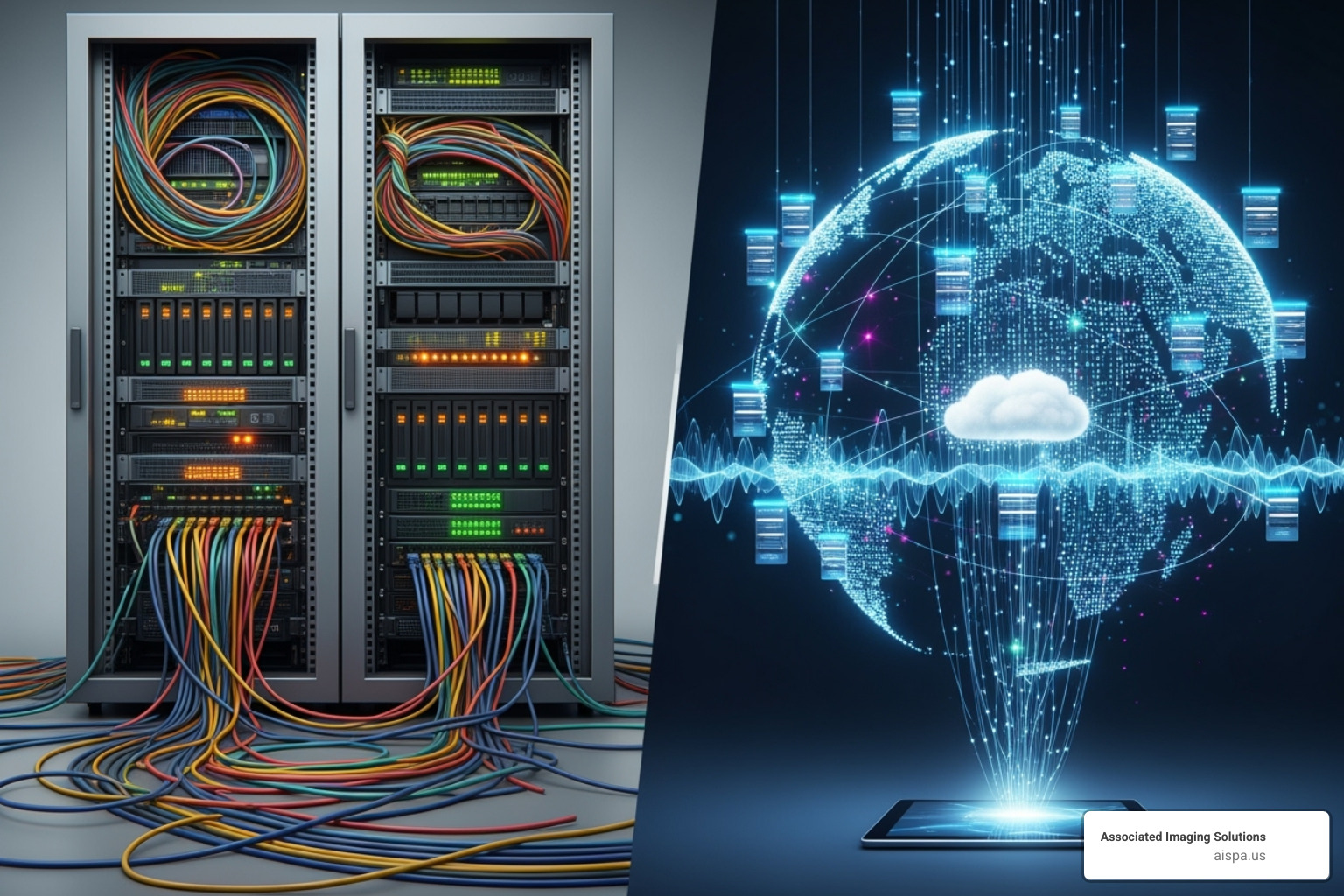A diagram illustrating the difference between an on-premise server setup with local storage and a cloud-based infrastructure with remote servers and distributed access. - cloud based document management solutions