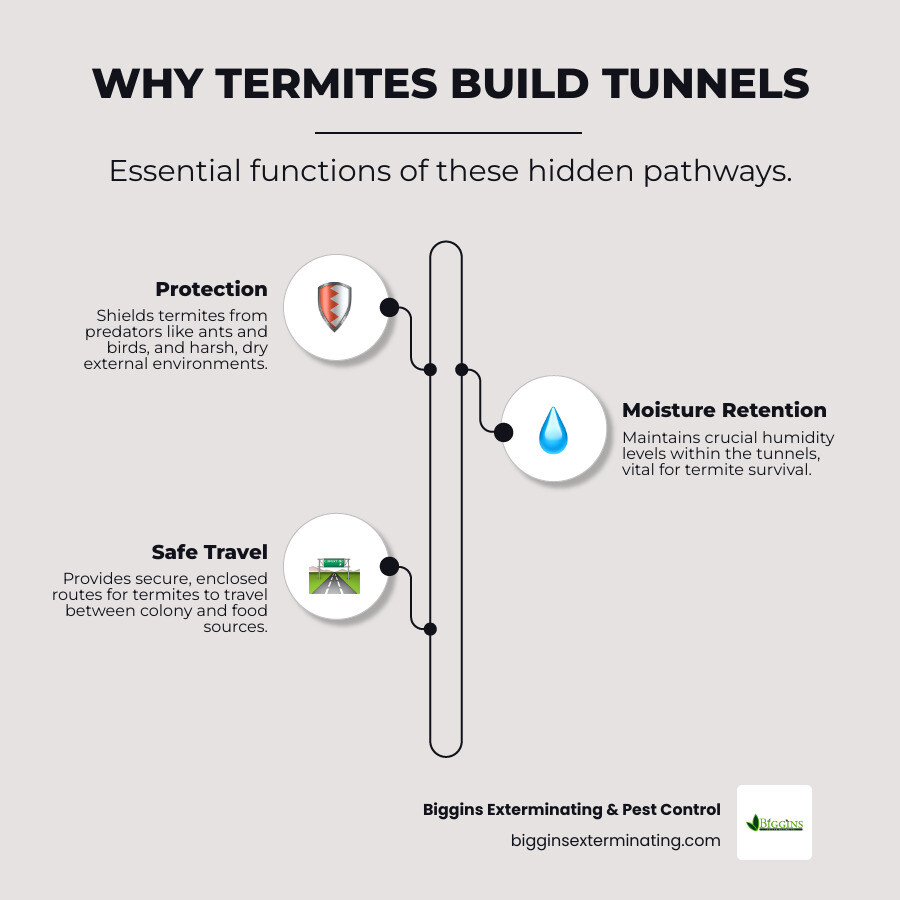 Infographic detailing the three main purposes of termite tunnels: protection from predators, moisture retention, and safe travel pathways - termite mud tunnels infographic infographic-line-3-steps-neat_beige
