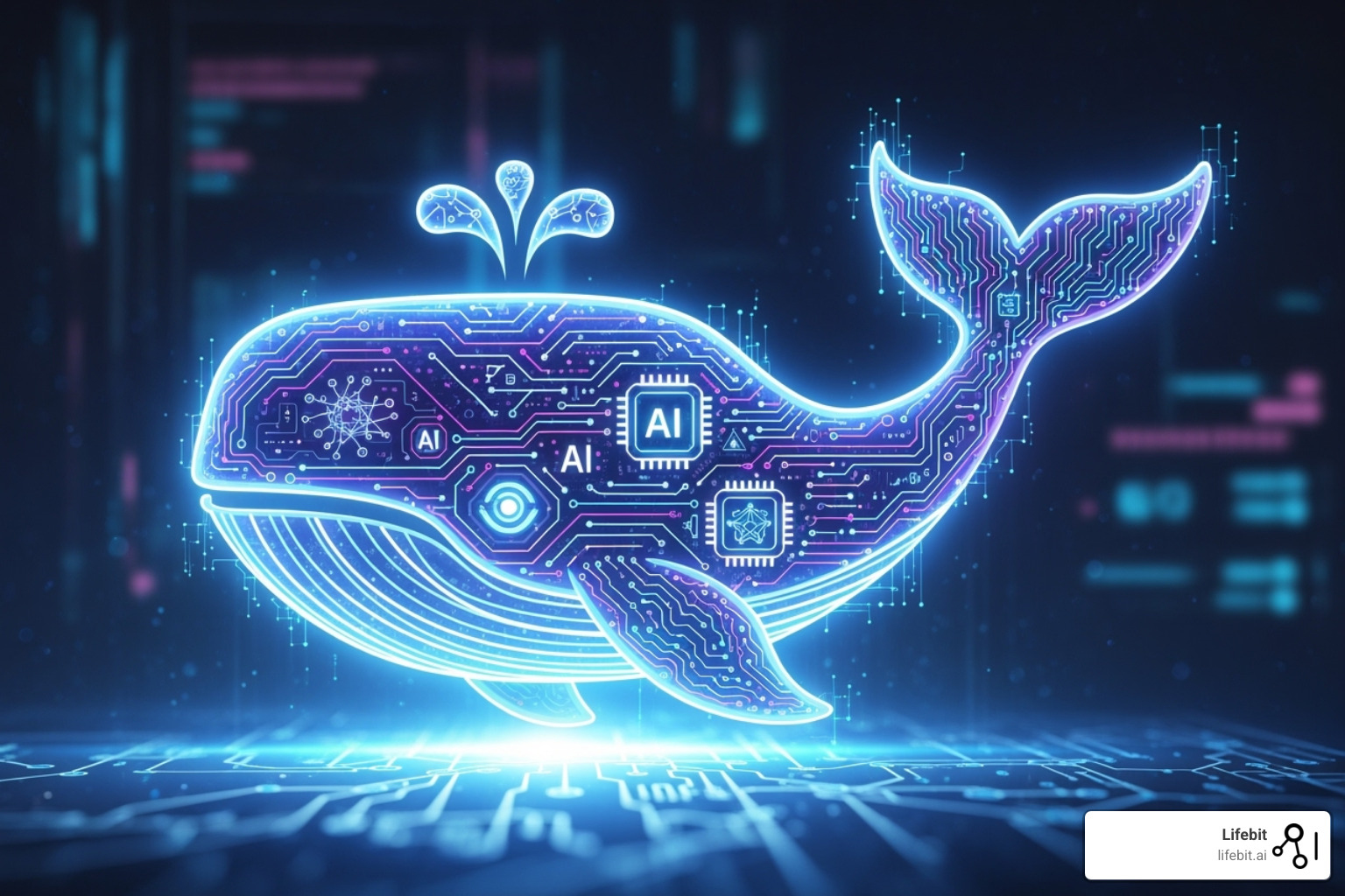 A developer interacting with a glowing AI assistant interface projected from a Docker container, showing natural language commands and automated suggestions for container management. - AI for docker