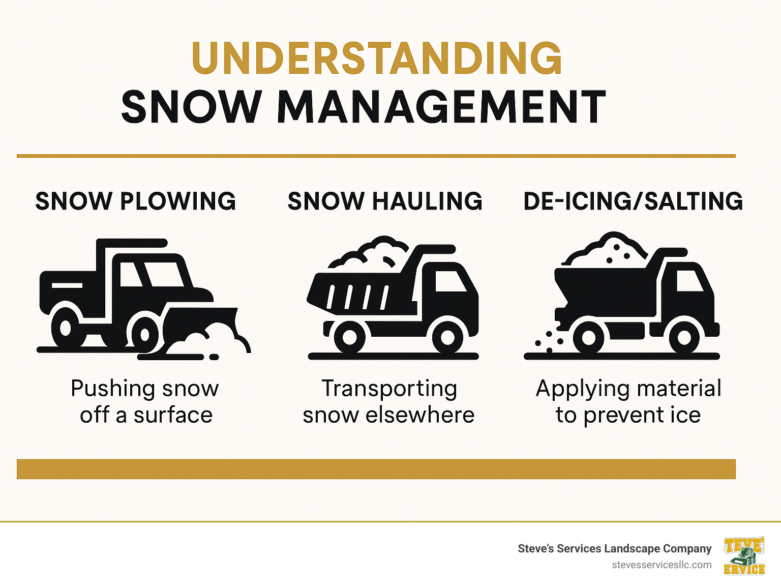Infographic explaining the difference between snow plowing, snow hauling, and de-icing/salting. - snow plowing infographic 