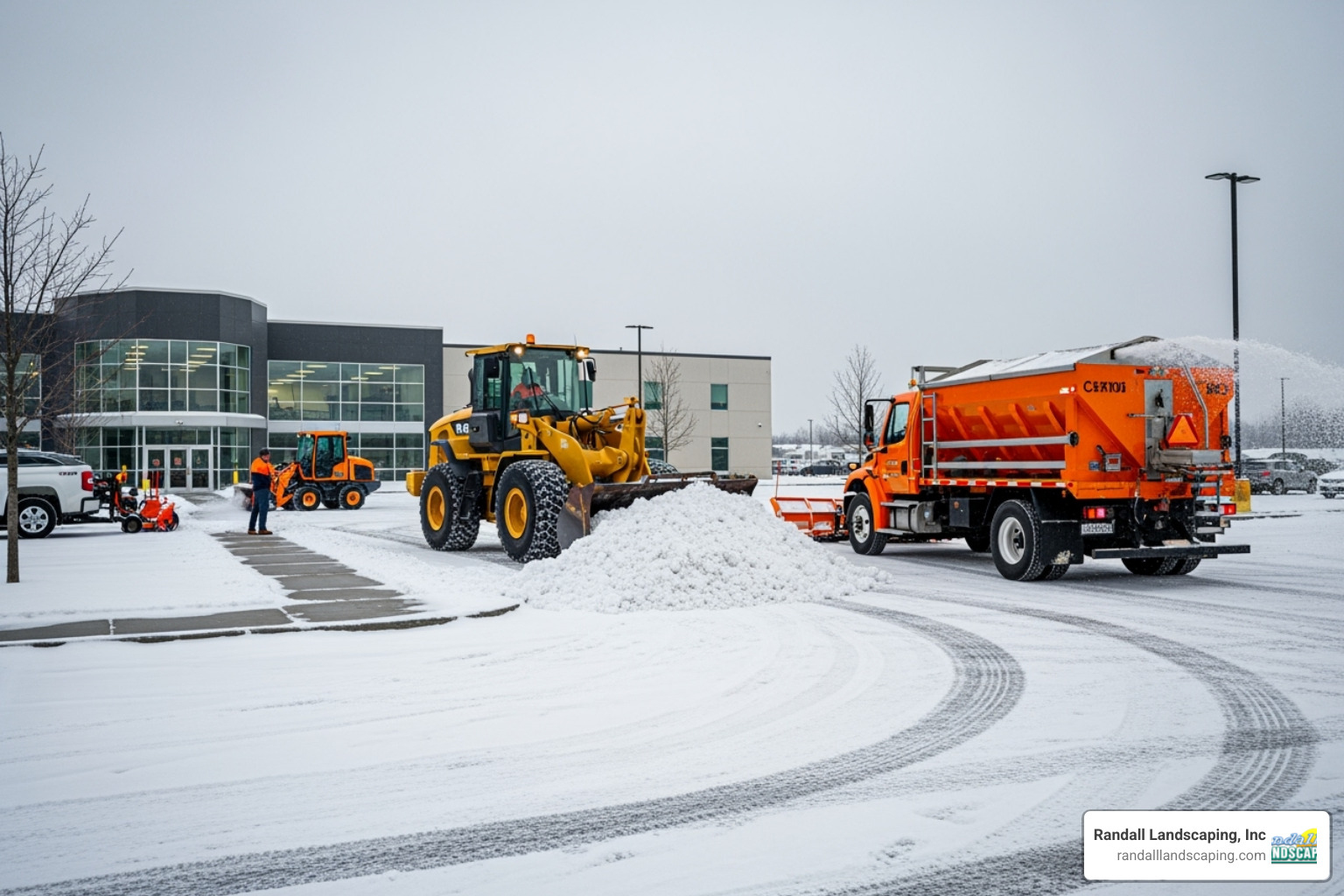 Various snow removal equipment like a front-end loader and a salt spreader truck - commercial snow and ice removal