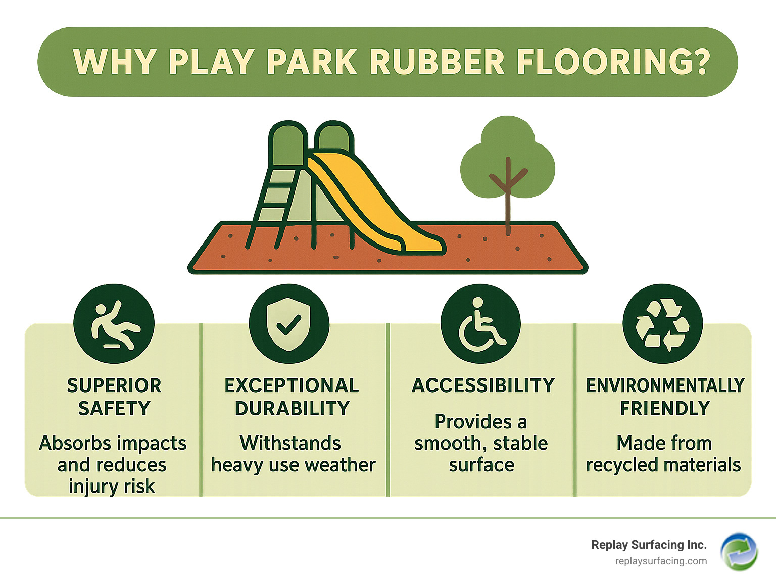 Infographic detailing the key advantages of playground rubber flooring, including superior safety, exceptional durability, improved accessibility, and environmental friendliness through recycled materials. - playground rubber flooring infographic 