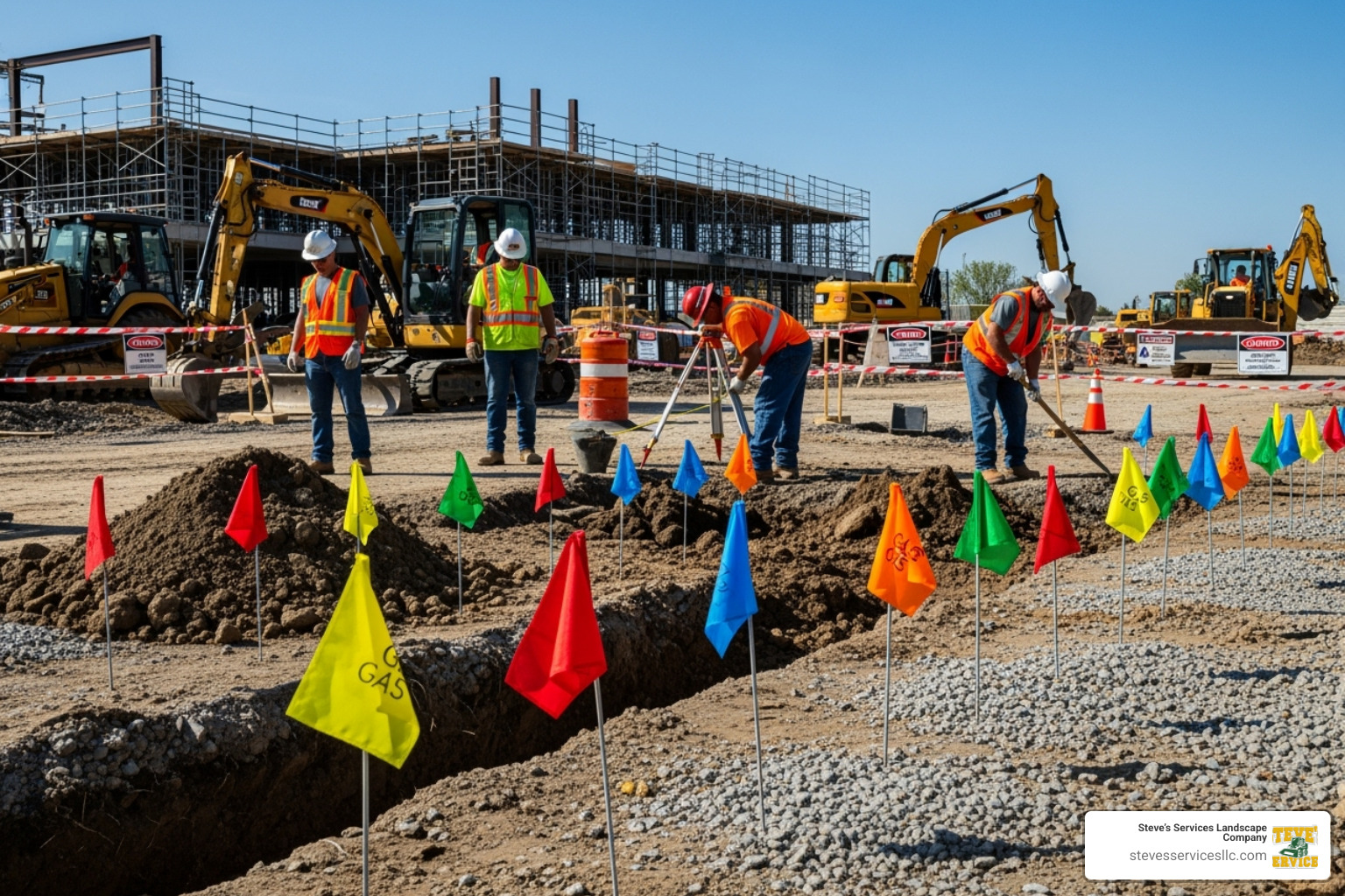 work site with utility flags marking underground lines - small job excavating