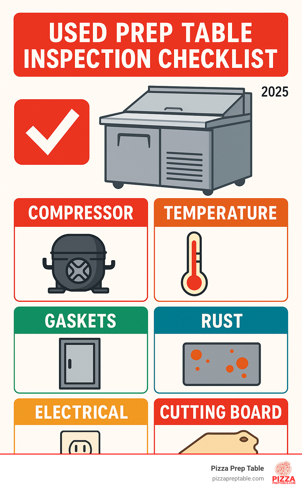 Infographic checklist for inspecting a used prep table including compressor, temperature, gaskets, rust, electrical, and cutting board - used pizza prep table for sale infographic 