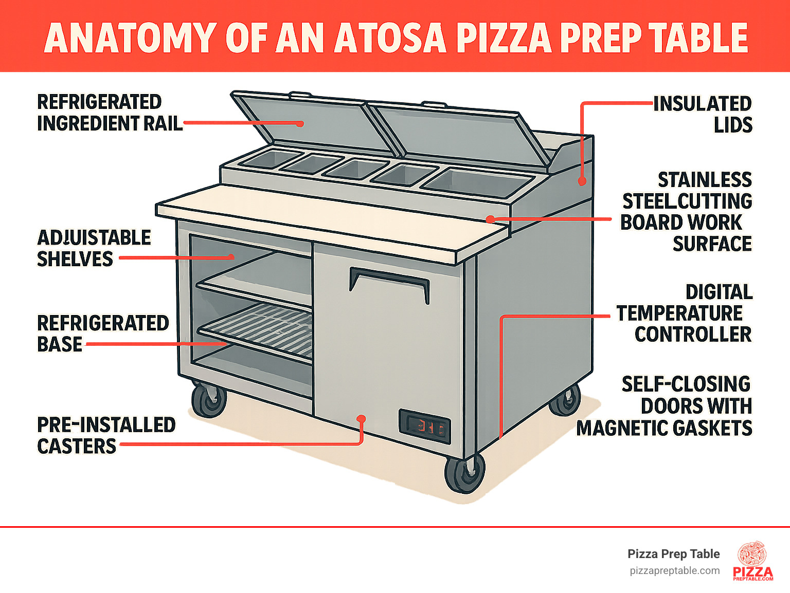 Detailed anatomy of an Atosa pizza prep table showing the refrigerated base storage compartment with adjustable shelves, the stainless steel cutting board work surface, the refrigerated ingredient rail with individual pan slots and insulated lids, the digital temperature controller, self-closing doors with magnetic gaskets, and pre-installed casters for mobility - atosa pizza prep table infographic 