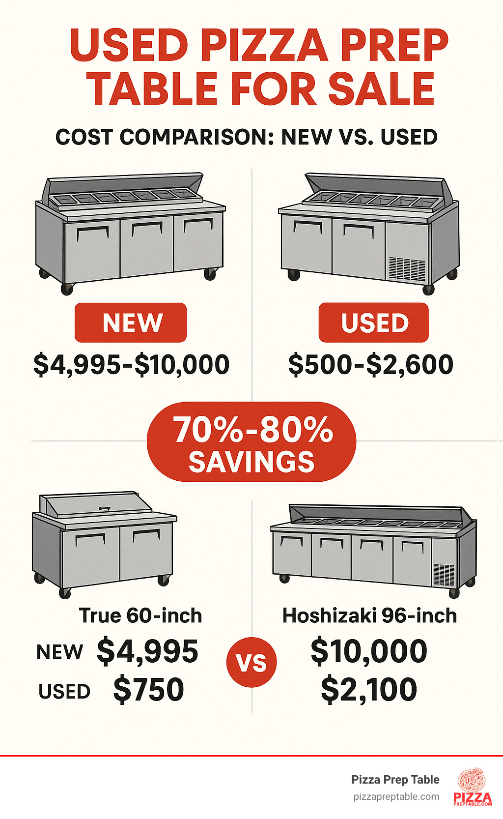 Infographic showing cost comparison between new pizza prep tables ($4,995-$10,000) versus used options ($500-$2,600), highlighting potential savings of 70-80% with examples of True 60-inch model and Hoshizaki 96-inch model price differences - used pizza prep table for sale infographic 