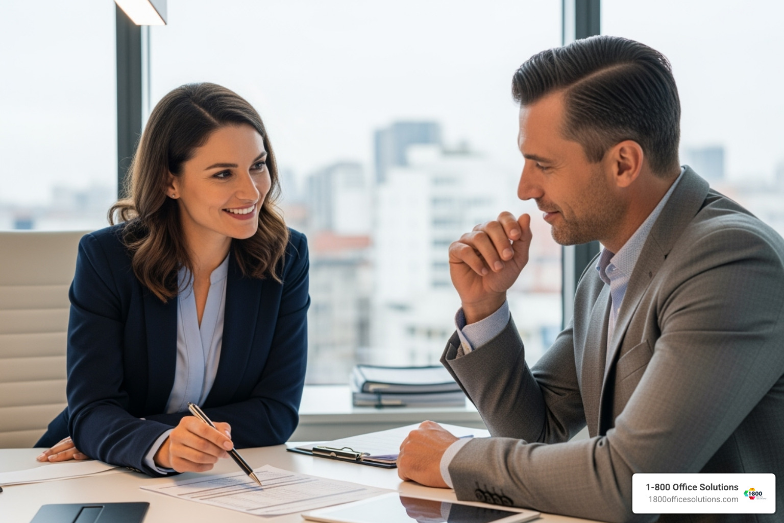 Transparent pricing sheet or a friendly consultant explaining a contract - Copier leasing Miami Transparent pricing sheet or a friendly consultant explaining a contract - Copier leasing Miami