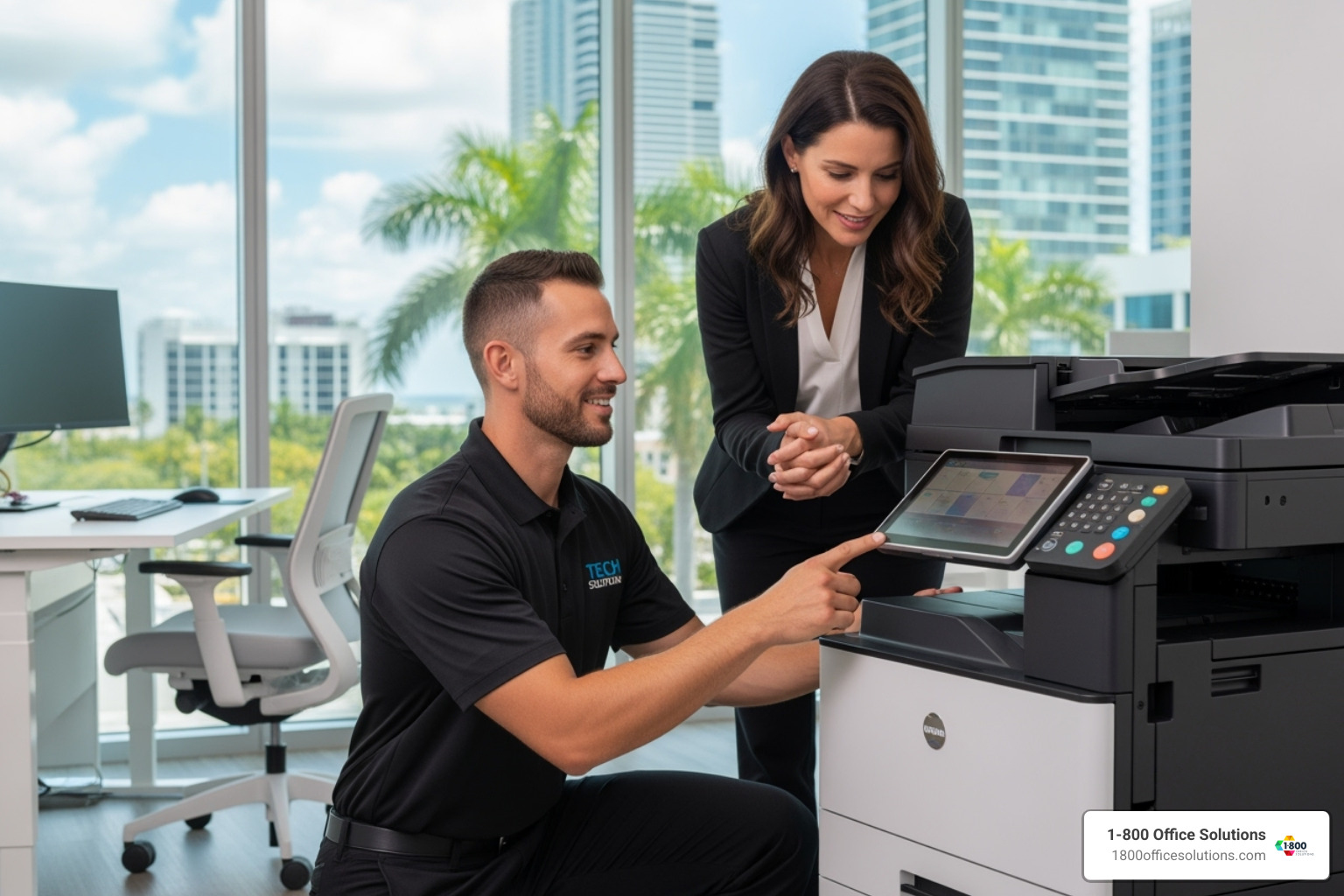 Local service technician assisting a client in a Miami office - Copier leasing Miami Local service technician assisting a client in a Miami office - Copier leasing Miami