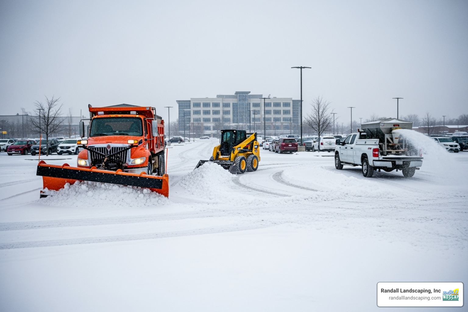 various snow removal equipment like a plow truck, a skid-steer, and a salt spreader - snow plowing pricing commercial