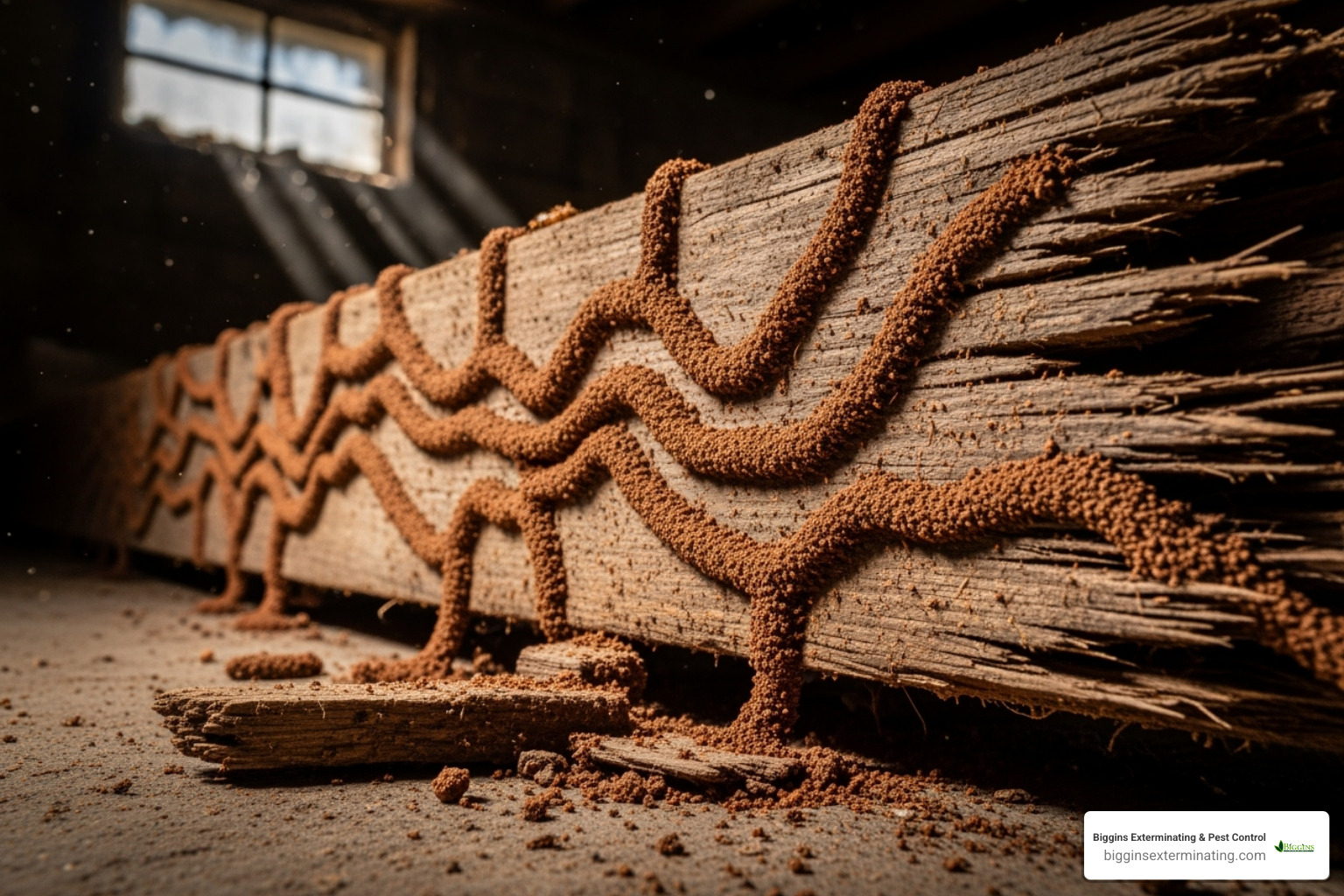 Thicker, well-defined working tubes on a wooden beam - termite mud tunnels