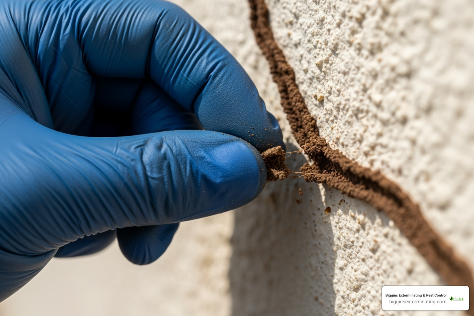A gloved hand carefully breaking a small piece from the center of a mud tube - termite mud tunnels