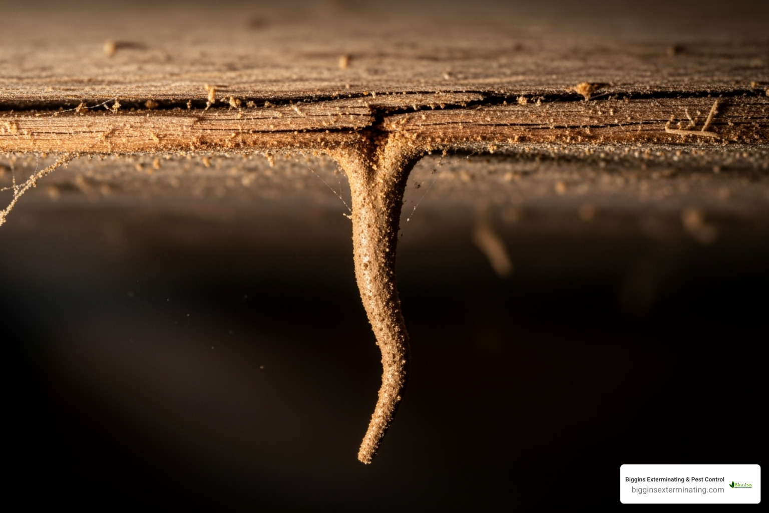 Drop tube hanging from a ceiling joist - termite mud tunnels