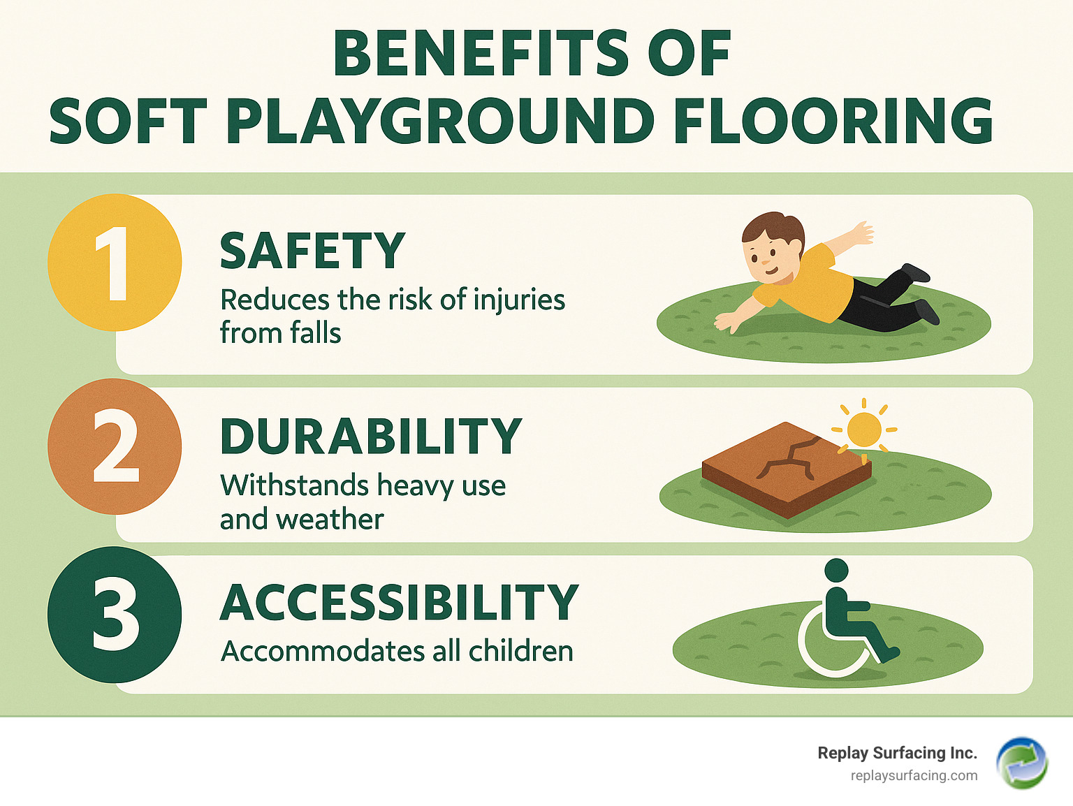 Infographic detailing the top 3 benefits of soft playground flooring: Safety, Durability, and Accessibility. - play area soft flooring infographic 