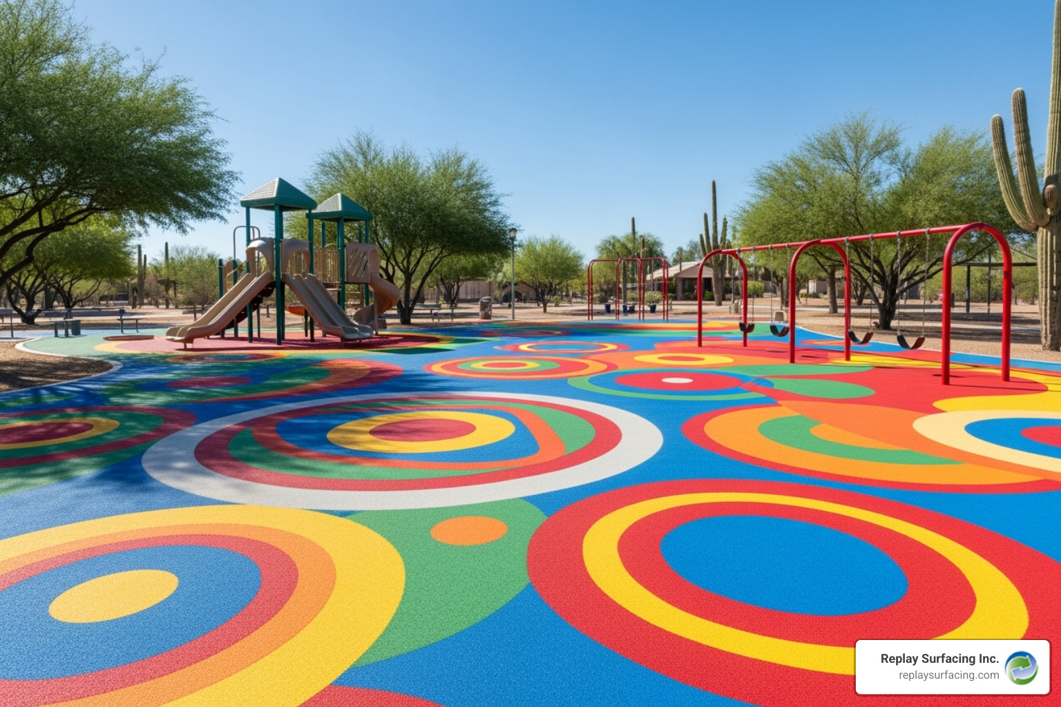 A vibrant, multi-colored poured-in-place rubber playground surface with intricate designs in a community park in Charlotte, NC. - playground rubber flooring Charlotte NC