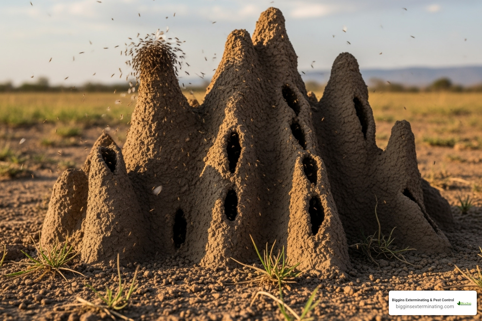 Wide swarm castle near the ground with multiple exit holes - termite mud tunnels