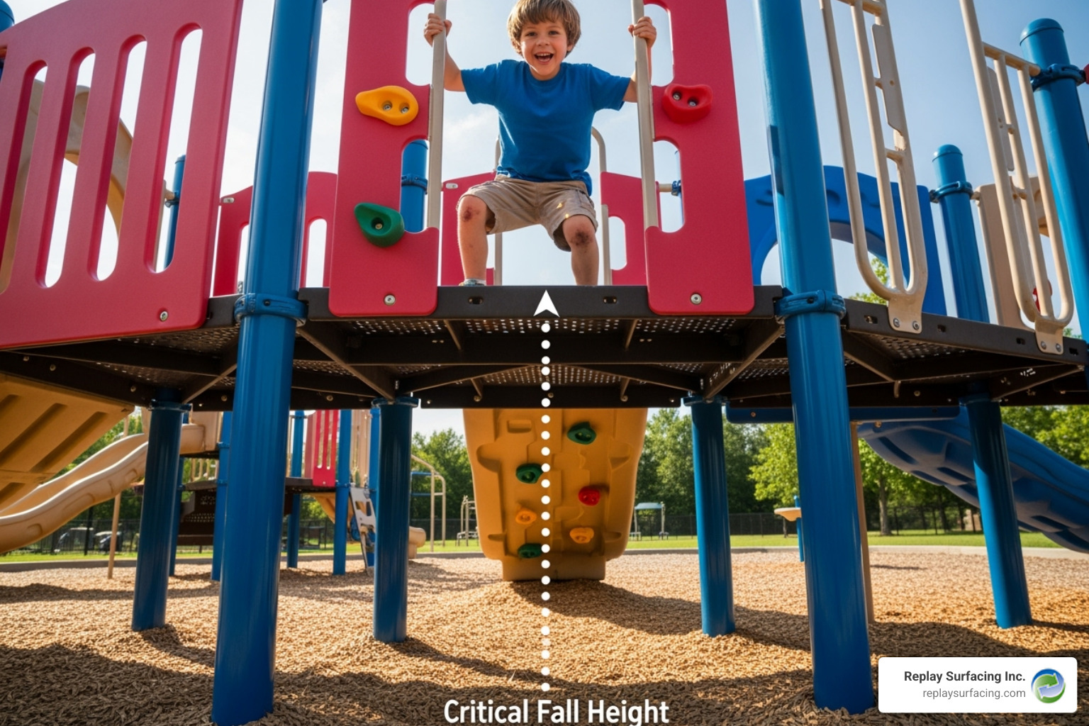 illustrating the concept of Critical Fall Height on a playground set - play area soft flooring