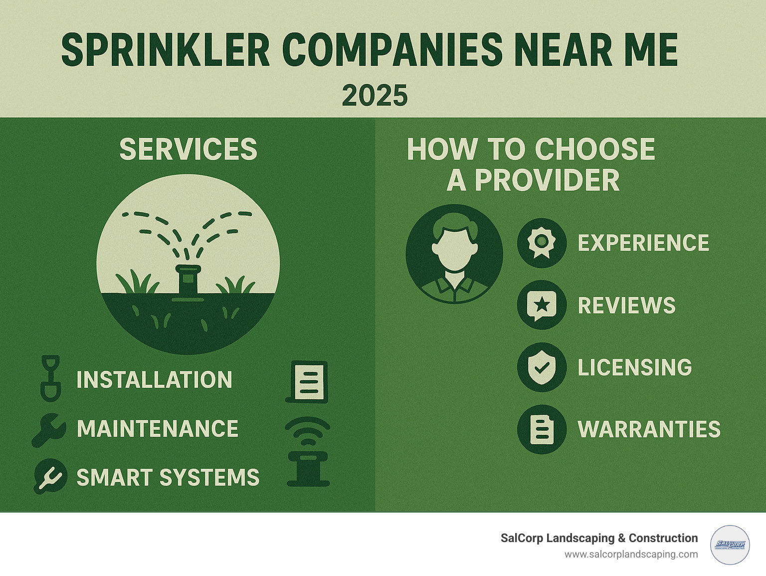 Infographic showing key services provided by sprinkler companies and essential factors to consider when choosing a local provider, including installation, maintenance, repairs, smart systems, experience, reviews, licensing, and warranties - sprinklers companies near me infographic Infographic showing key services provided by sprinkler companies and essential factors to consider when choosing a local provider, including installation, maintenance, repairs, smart systems, experience, reviews, licensing, and warranties - sprinklers companies near me infographic