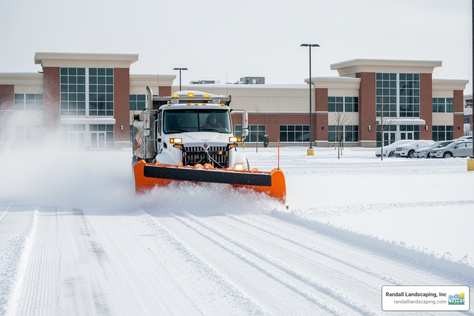 A snow plow clearing a large commercial lot - commercial snow and ice removal