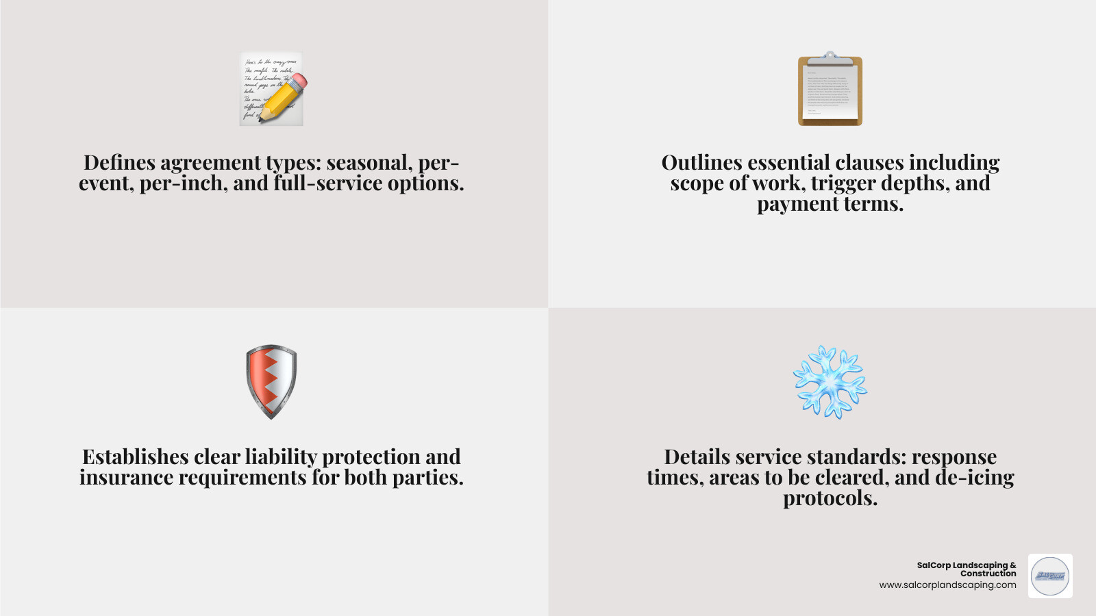 Detailed infographic showing the essential elements of a snow removal contract including contract types (seasonal, per-event, per-inch, full-service), key clauses (scope of work, insurance requirements, payment terms), and liability protections with icons and brief explanations for each component - Snow Contracts infographic 4_facts_emoji_grey