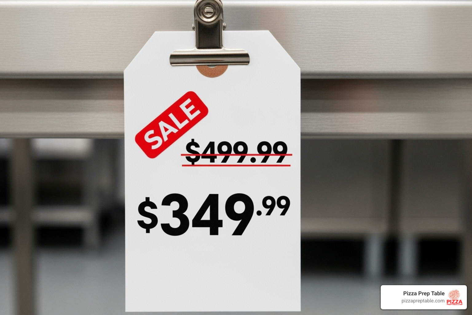 Price tag showing a significant discount on a used prep table - used pizza prep table for sale