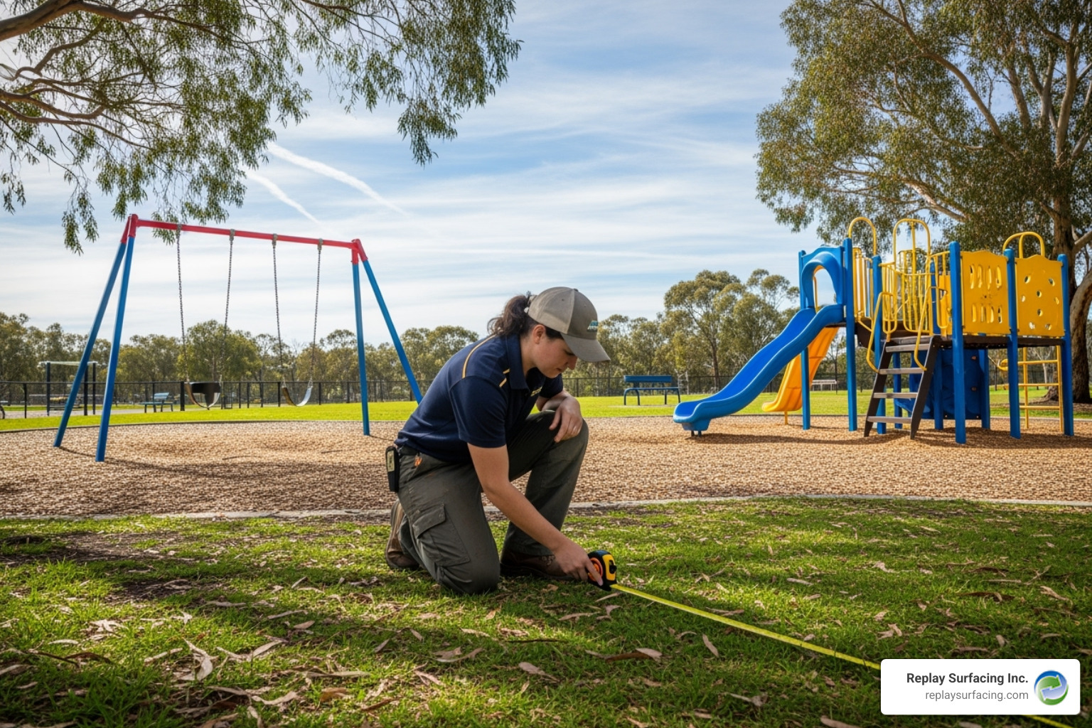 person measuring a playground area for a flooring project - play area soft flooring