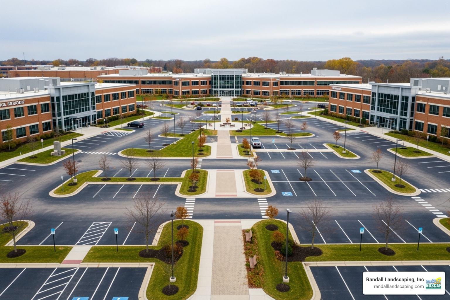 complex commercial property with multiple entrances, parking islands, and walkways - snow plowing pricing commercial