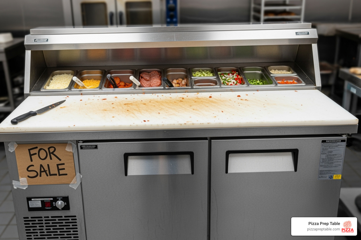 Person browsing an online marketplace for restaurant equipment on a tablet - used pizza prep table for sale