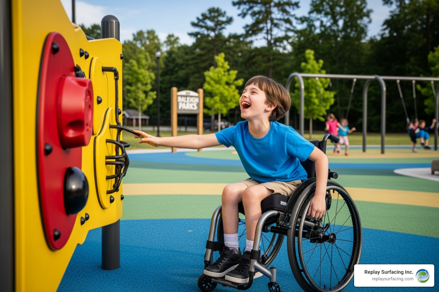 A child in a wheelchair laughing while playing on a smooth, accessible rubber playground surface in a park in Charlotte, NC. - playground rubber flooring Charlotte NC