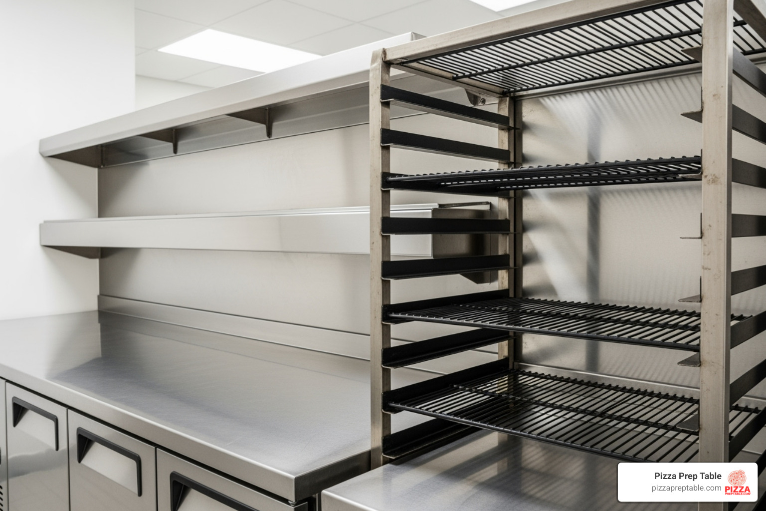Stainless steel interior of an Atosa pizza prep table with heavy-duty epoxy-coated shelves - atosa pizza prep table