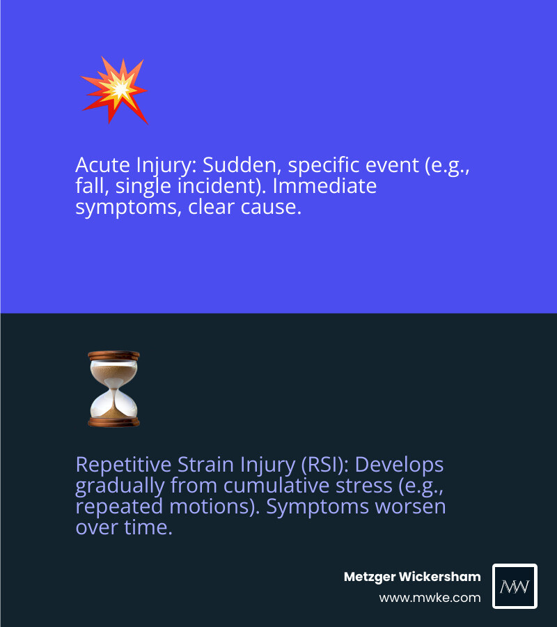 Infographic explaining the difference between an acute injury (sudden, clear cause) and a repetitive strain injury (gradual onset, cumulative trauma) and how each relates to workers' compensation coverage. - Repetitive strain workers comp infographic 2_facts_emoji_blue