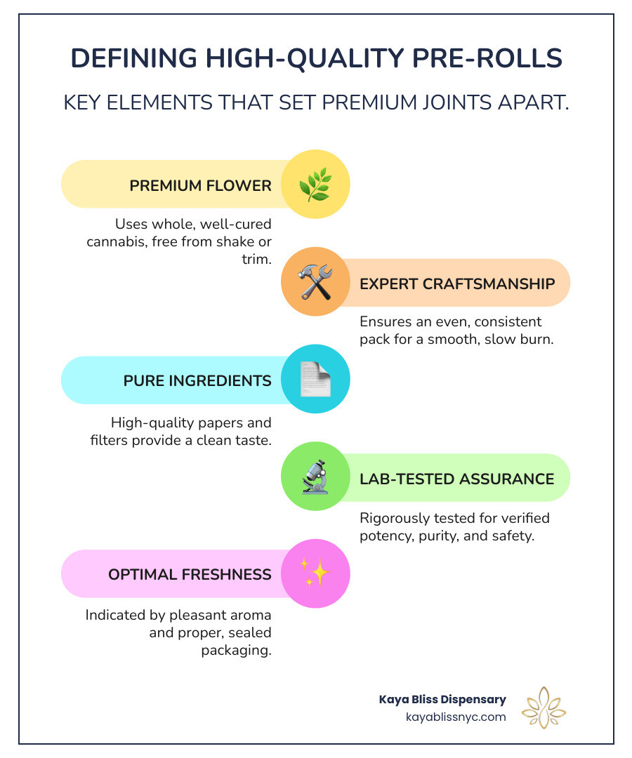 Infographic explaining the anatomy of a pre-roll showing the flower, rolling paper, and filter tip. - high quality pre rolls infographic infographic-line-5-steps-colors
