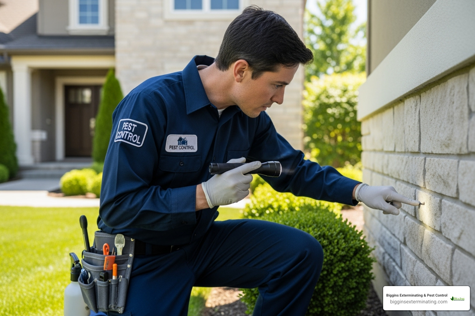 pest control technician inspecting a home's exterior - best exterminator for carpenter ants