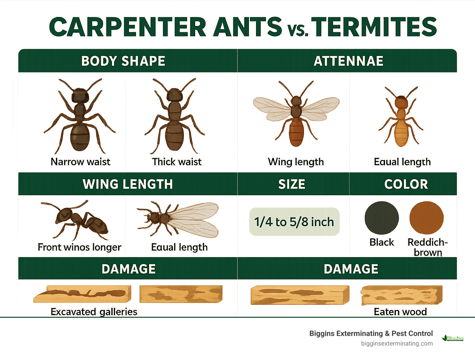 Comprehensive infographic showing the key differences between carpenter ants and termites, including body shape comparison with narrow waist vs thick waist, antennae types showing bent vs straight, wing length differences, size measurements from 1/4 to 5/8 inch for carpenter ants, color variations from black to reddish-brown, and damage patterns showing excavated galleries vs eaten wood - best exterminator for carpenter ants infographic 